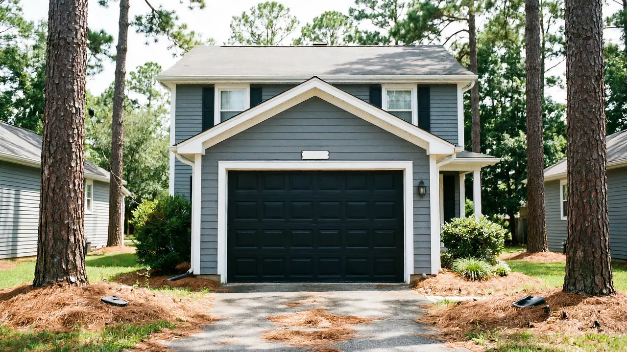 The house has a dark gray garage door with panels and white trim.