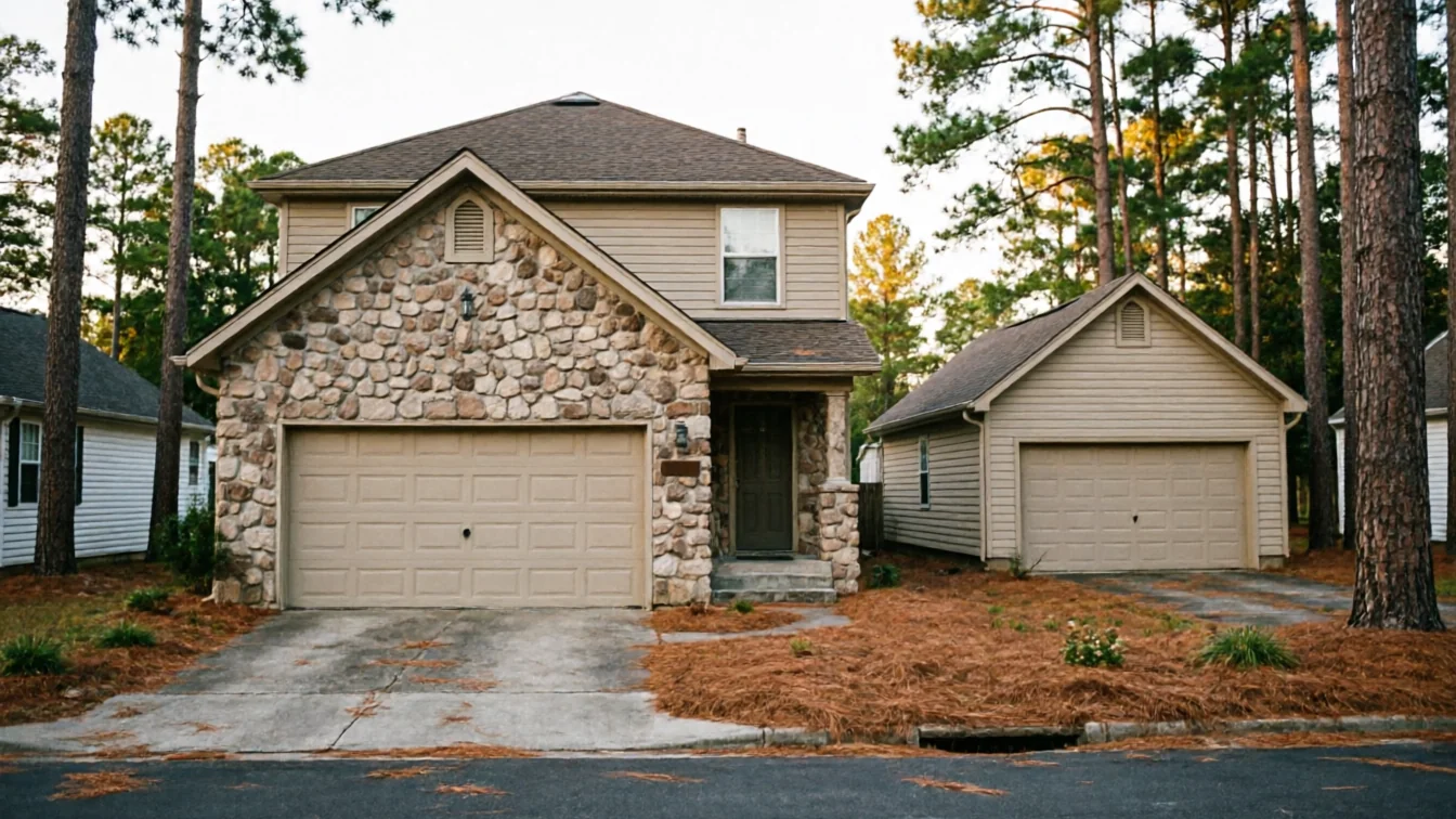 A two-story house with a garage and a detached garage with a single door.