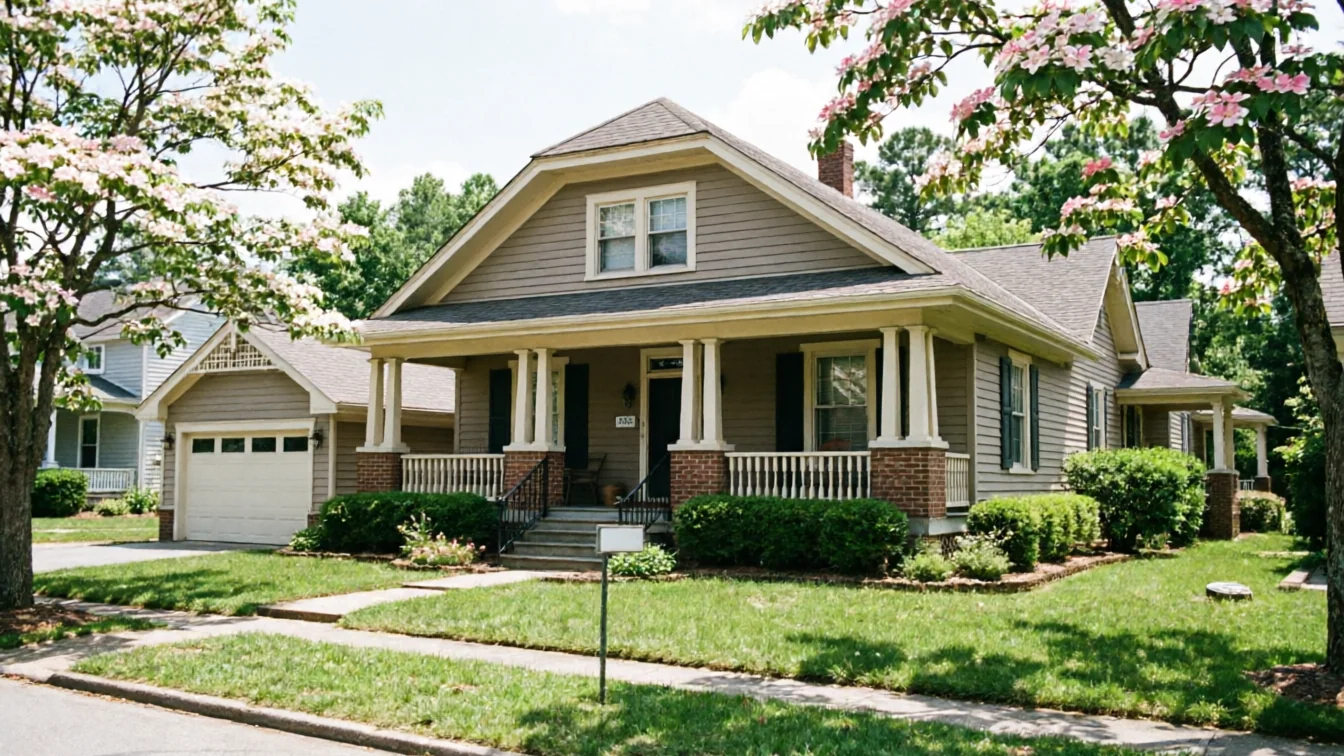 A house with a white garage door and a porch with white pillars.