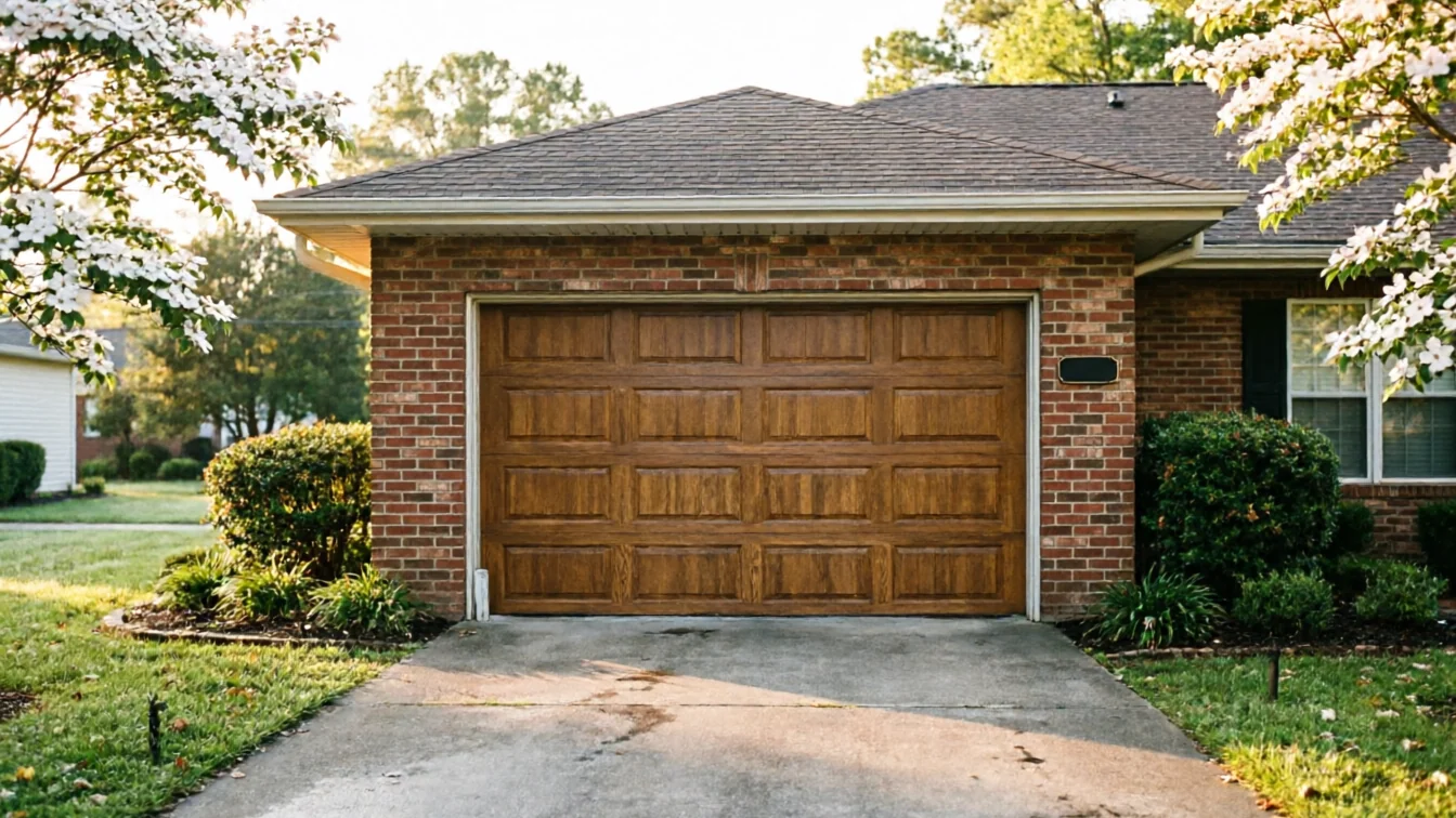 A brown wood-look garage door is on a brick house with a driveway and landscaping.