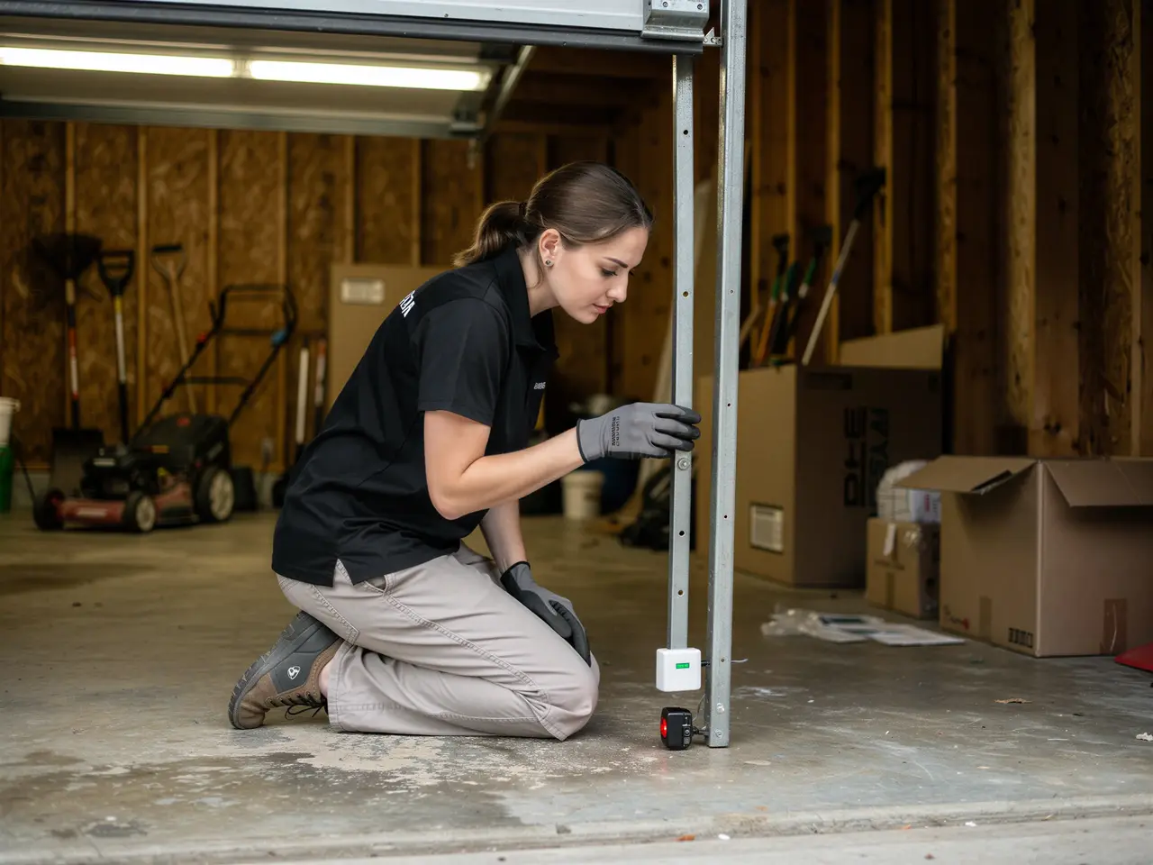 A technician kneels, adjusting the garage door safety sensors on the track.