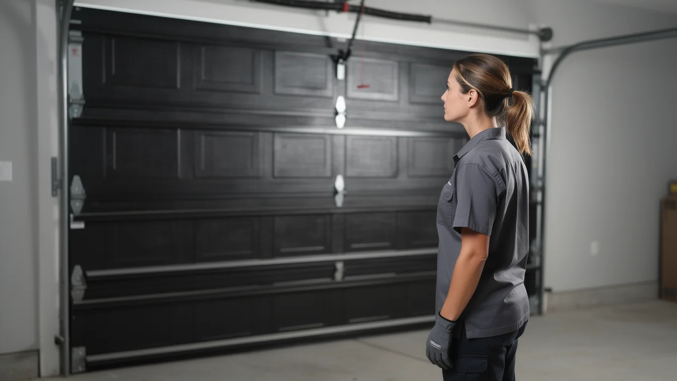 A technician in a gray shirt and gloves stands facing a closed black garage door.