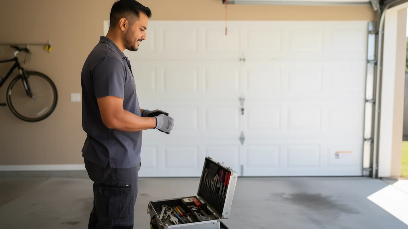 A technician wearing gloves stands in a garage with an open toolbox and a white garage door.
