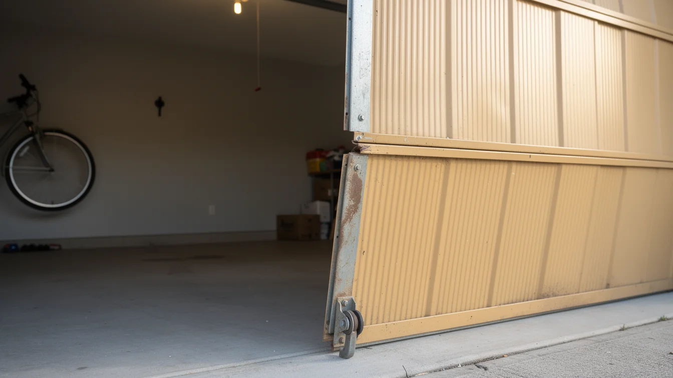 The tan garage door is off its track, with a wheel visible at the bottom.
