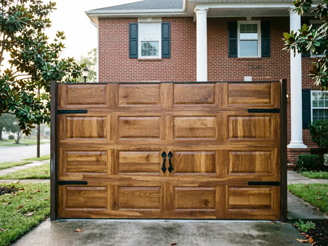 A brown wooden garage door with black decorative hardware is closed.